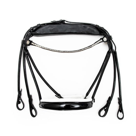 Finesse Bridles Cassidy Kandar, rundsyet m. bredt næsebånd - sort/hvid/lak/sølv - animondo.dk